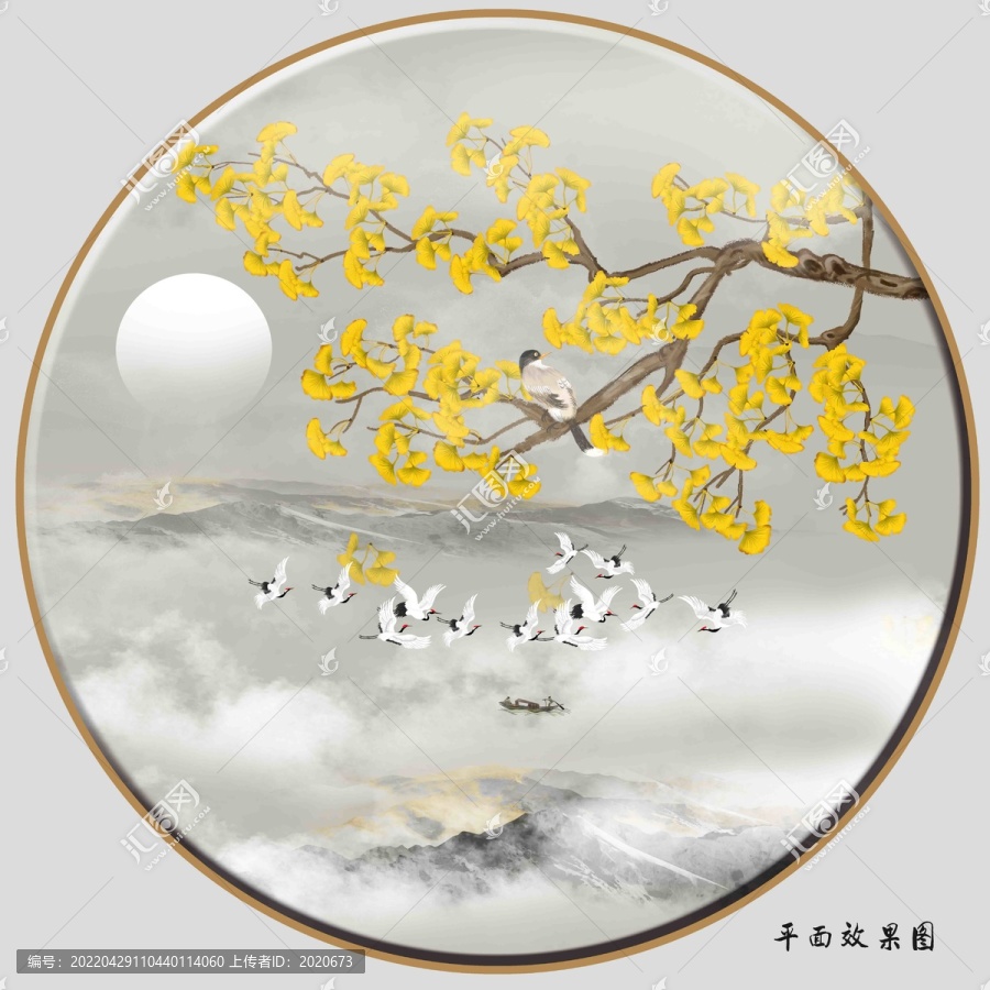 新中式手绘银杏山水装饰画