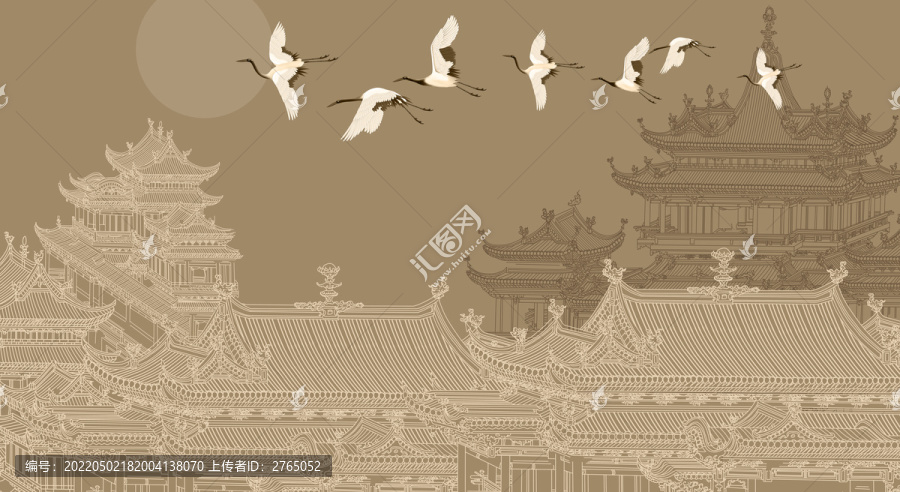 现代新中式线描楼阁仙鹤