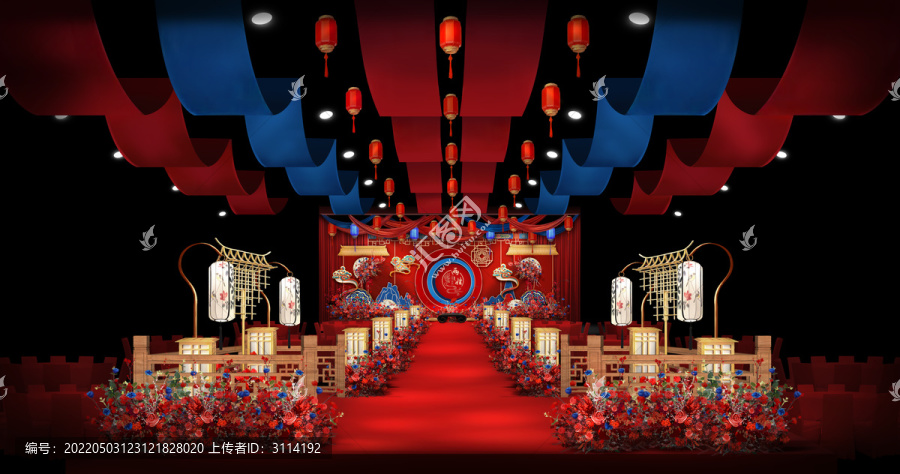 中式红蓝仪式区婚礼手绘效果图