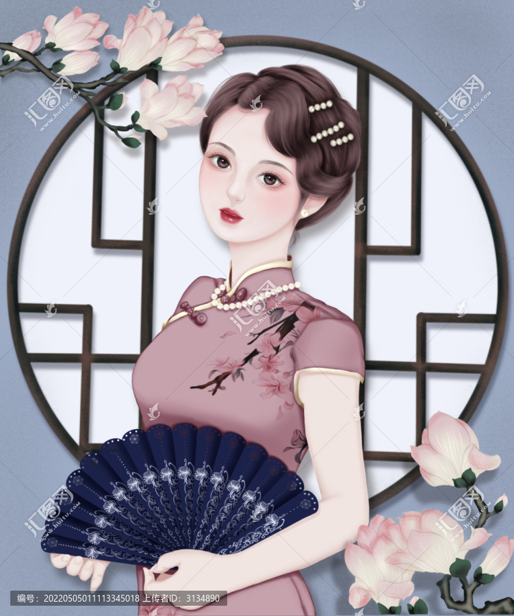 旗袍美女系列插画之玉兰花开