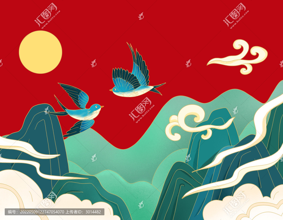复古中国红飞燕小鸟国潮插画