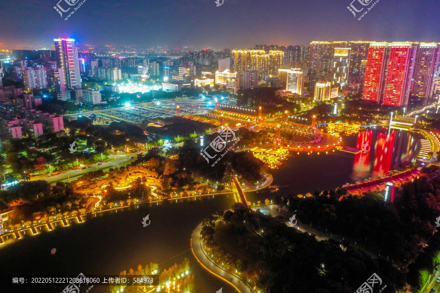 航拍广东佛山千灯湖公园夜景