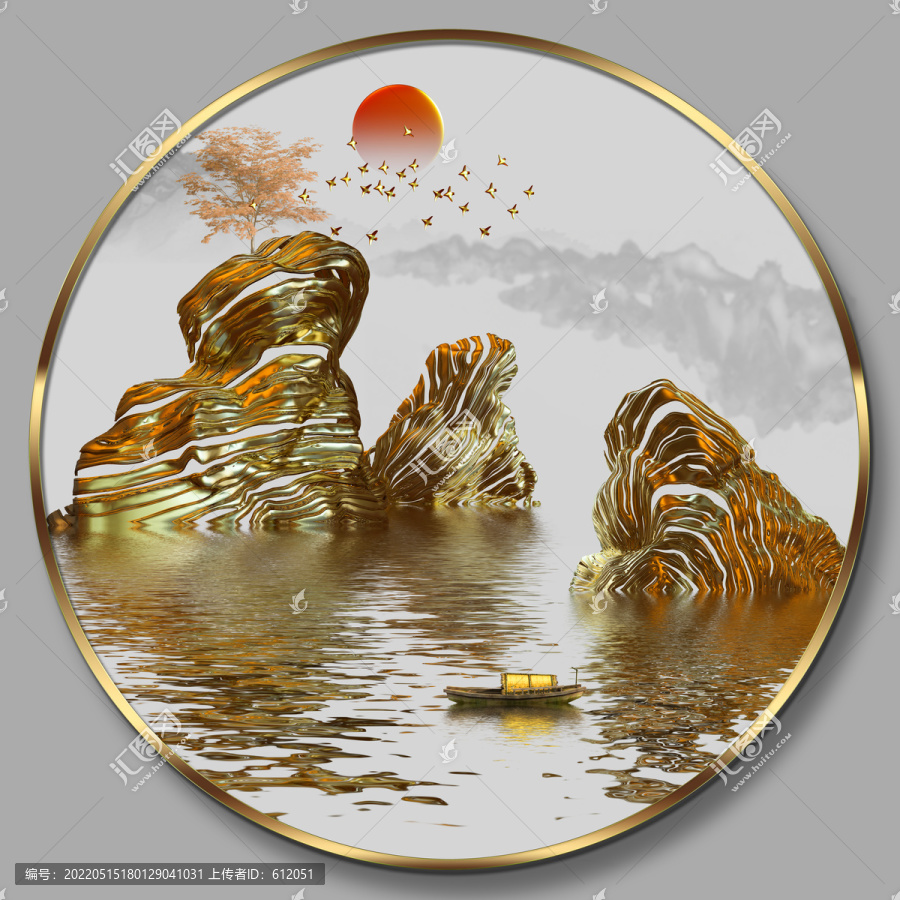 硅藻水墨山水圆镜中式装饰画