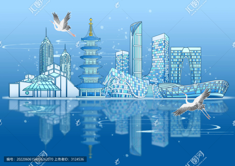 苏州现代城市建筑背景插画