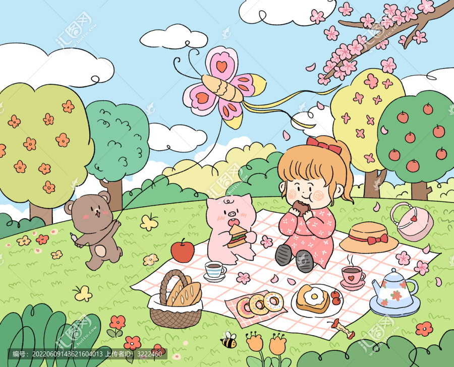 春天女孩和小动物野餐场景插画