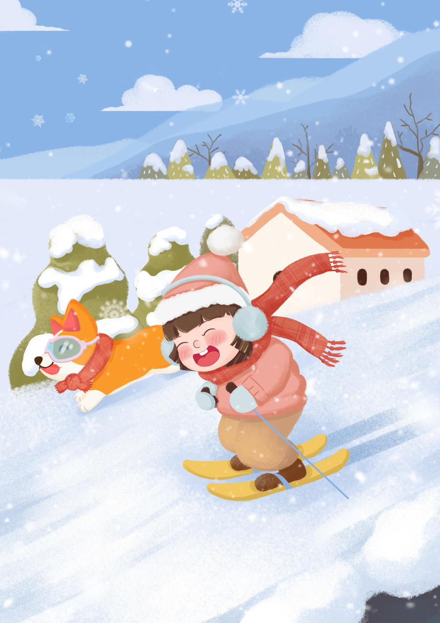 小女孩和狗滑雪