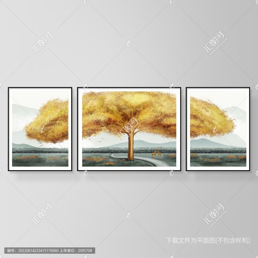 抽象油画树复古三联装饰画
