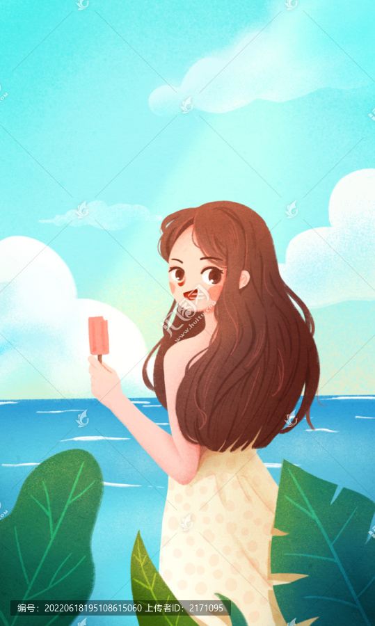 夏天海边吃冰棍的少女插画