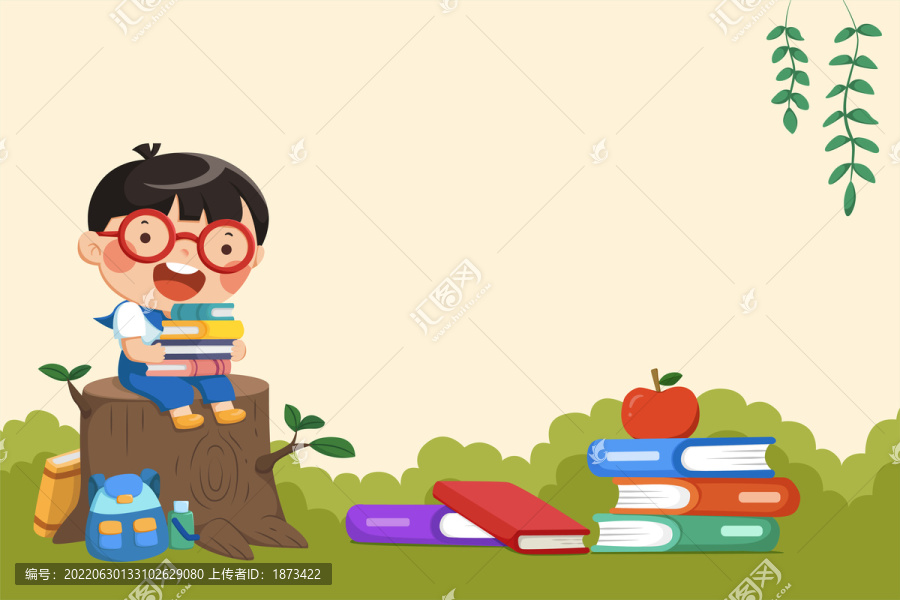 在树干上阅读的男孩,返校季营销插图