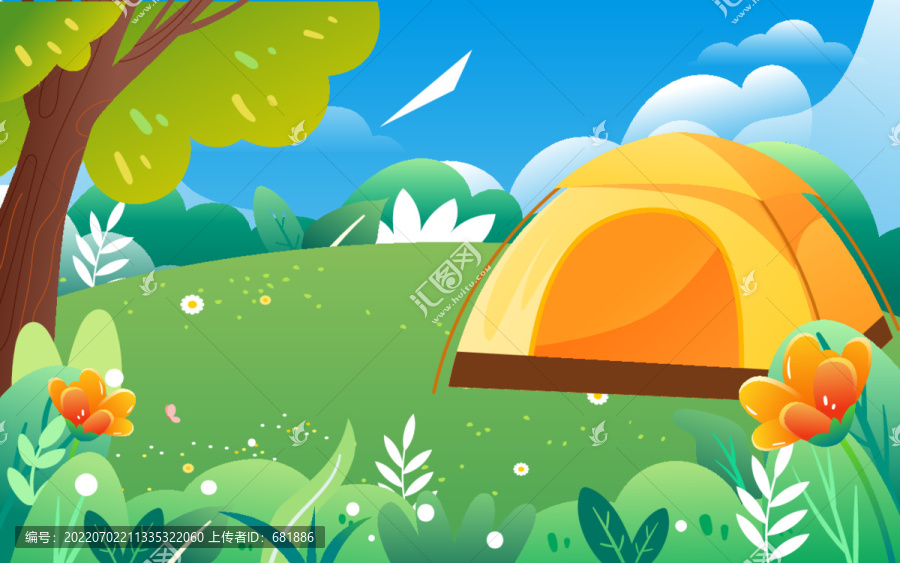 夏天暑期户外露营草地帐篷插画