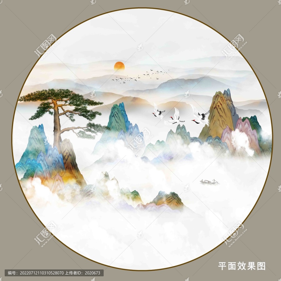 雾霾黄山迎客松仙境仙鹤山水画