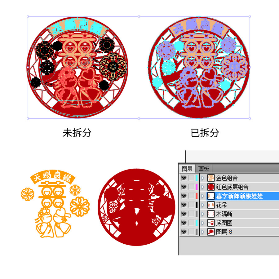 双色金喜贴结婚新娘新郎剪纸