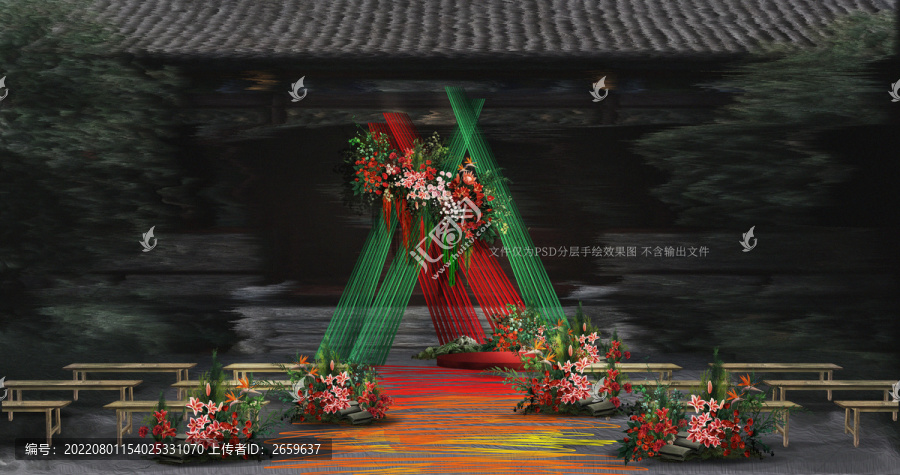 红绿撞色小众新中式婚礼效果图