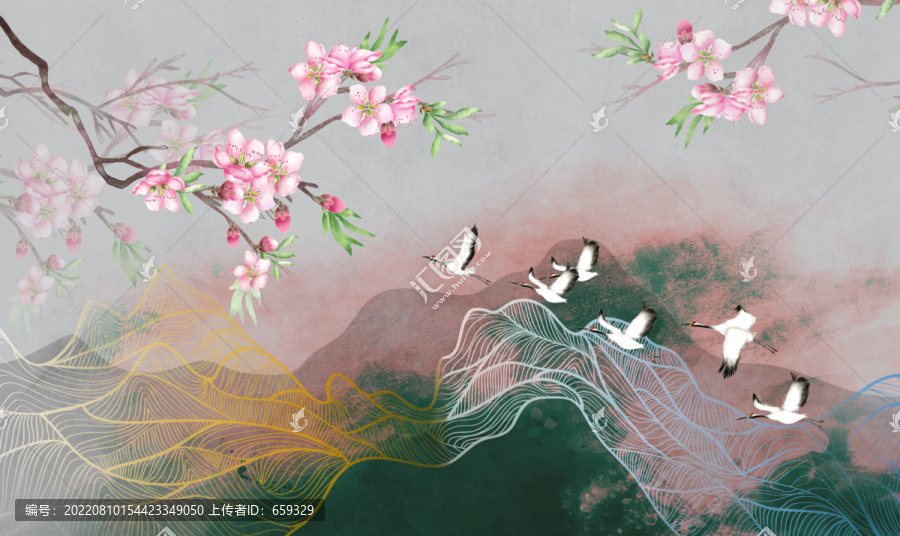 新中式花鸟壁画背景墙