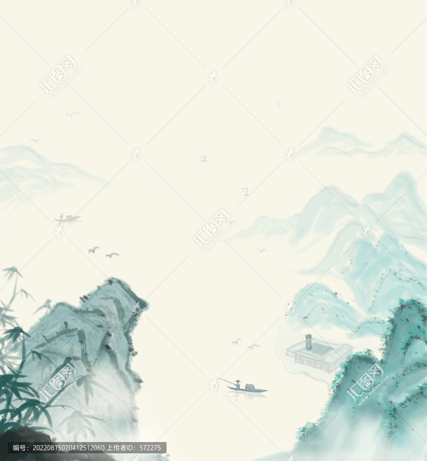 竹子山河中国风水墨插画