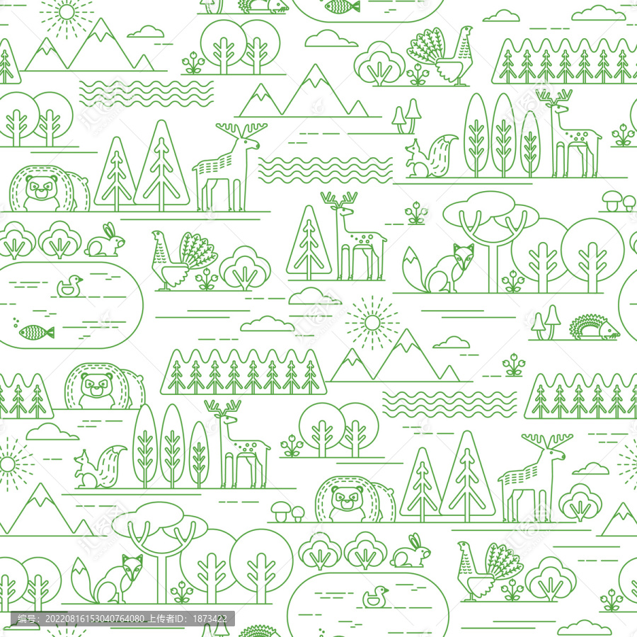 白底绿色线条风森林动物无缝纹理模板