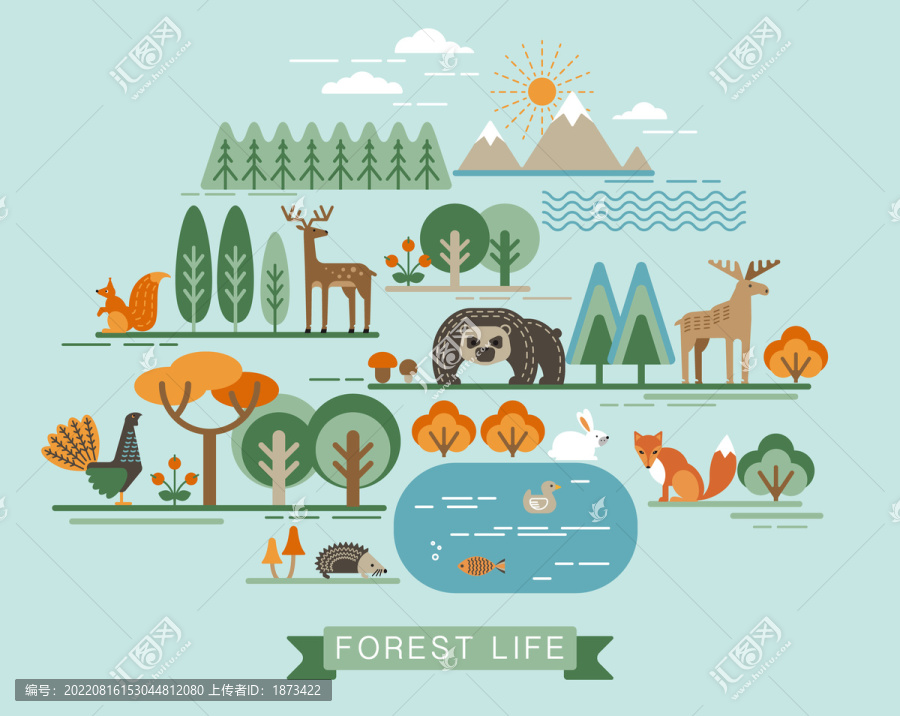 可爱扁平风森林动物插画元素组合