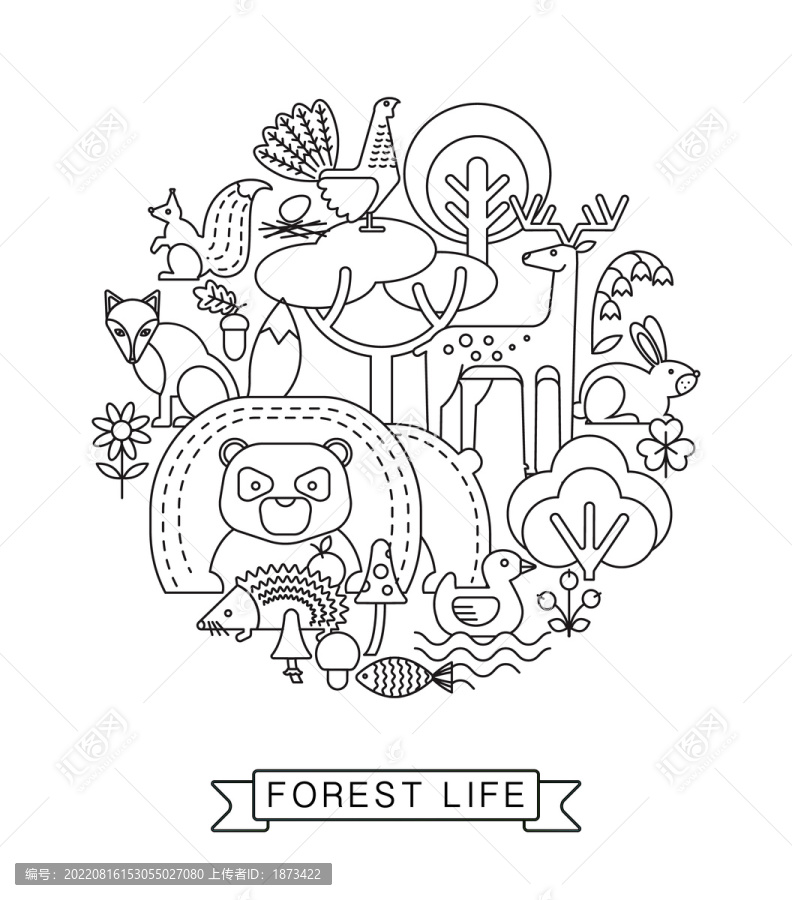 简约白底黑色线条风森林动物插画