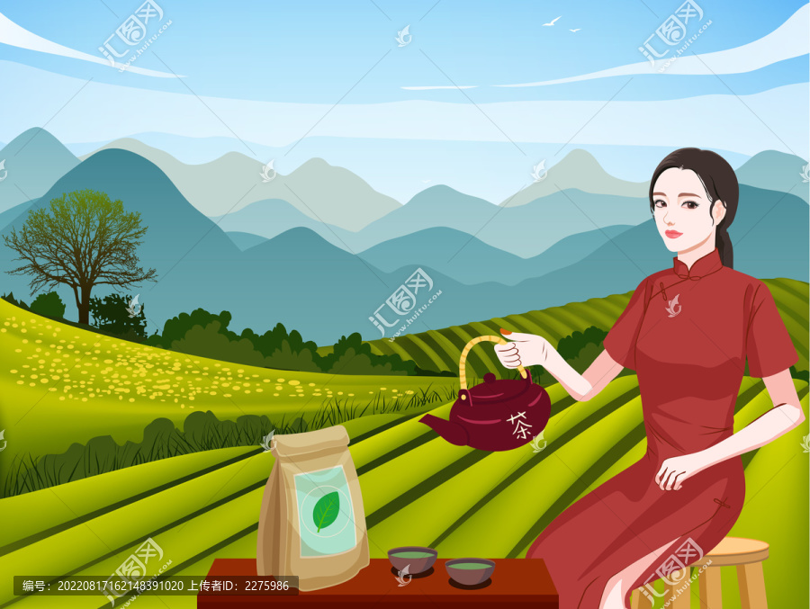 手绘插画茶叶茶山泡茶美女