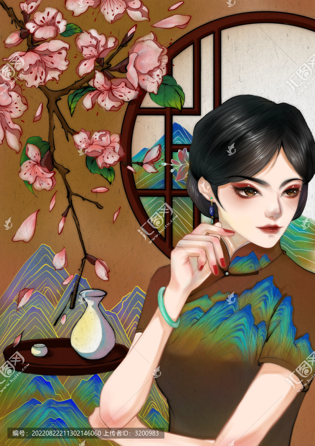 手绘旗袍美女插画桃花面