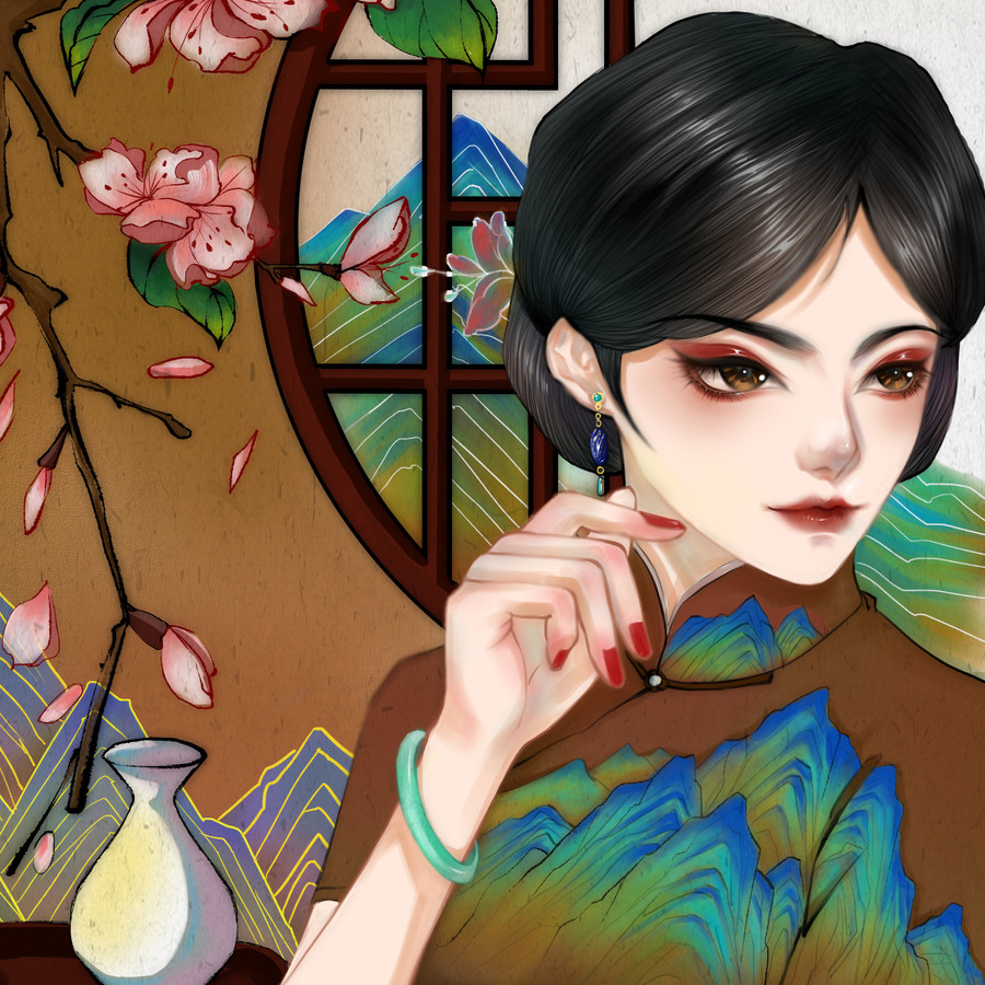 手绘旗袍美女插画桃花面