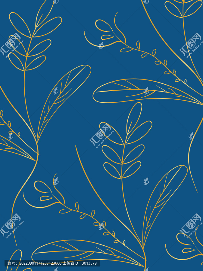 蓝金烫金金属质感线性植物背景