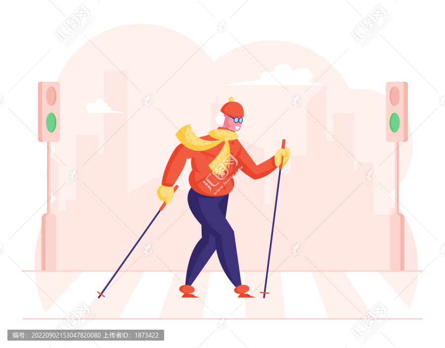 老人家穿着登山装健走过马路平面插图