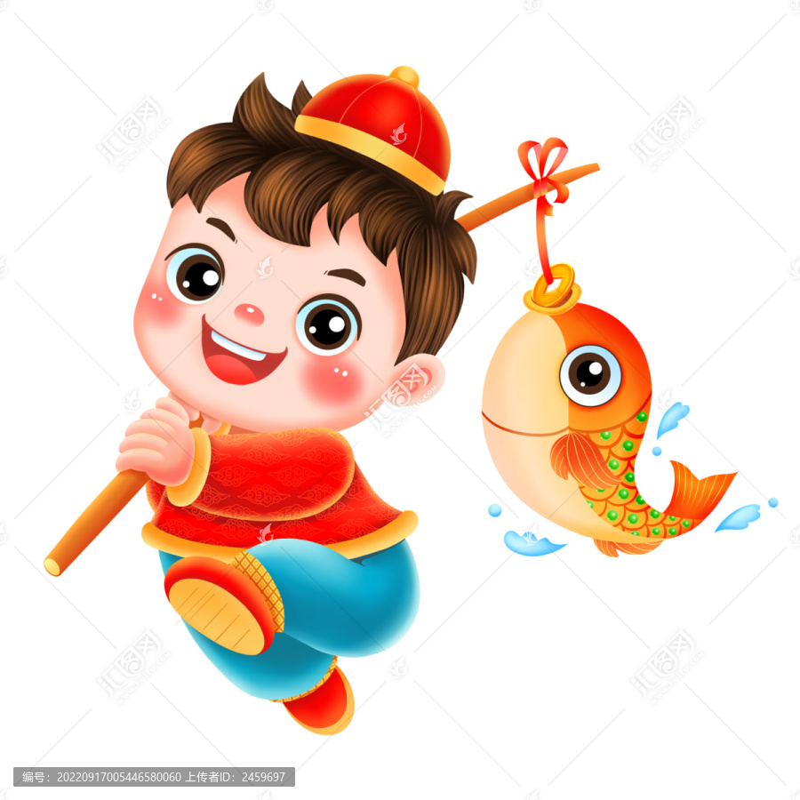 新年春节提鱼的男孩