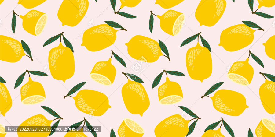 带叶子的柠檬及对切,无缝图案背景