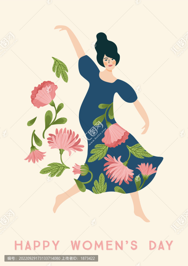 穿着粉色花朵洋装的女性在跳舞,妇女节贺图