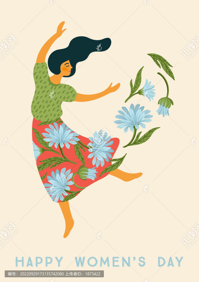 淡蓝色花朵裙子的女性在跳舞,妇女节贺图