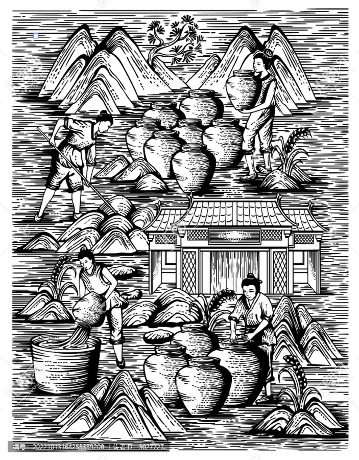 古代白酒酿酒流程图版画