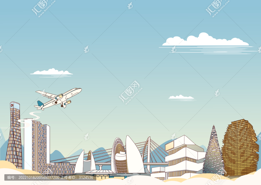珠海城市地标建筑背景插画横版