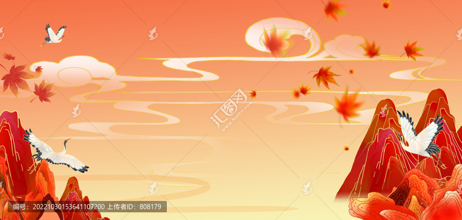 国潮中国风红色落日枫叶背景