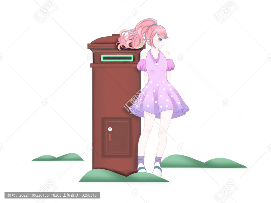 红色女孩靠着邮箱邮政日邮箱