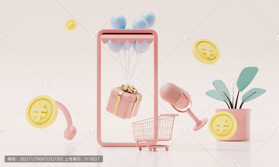 3d渲染手机直播购物概念