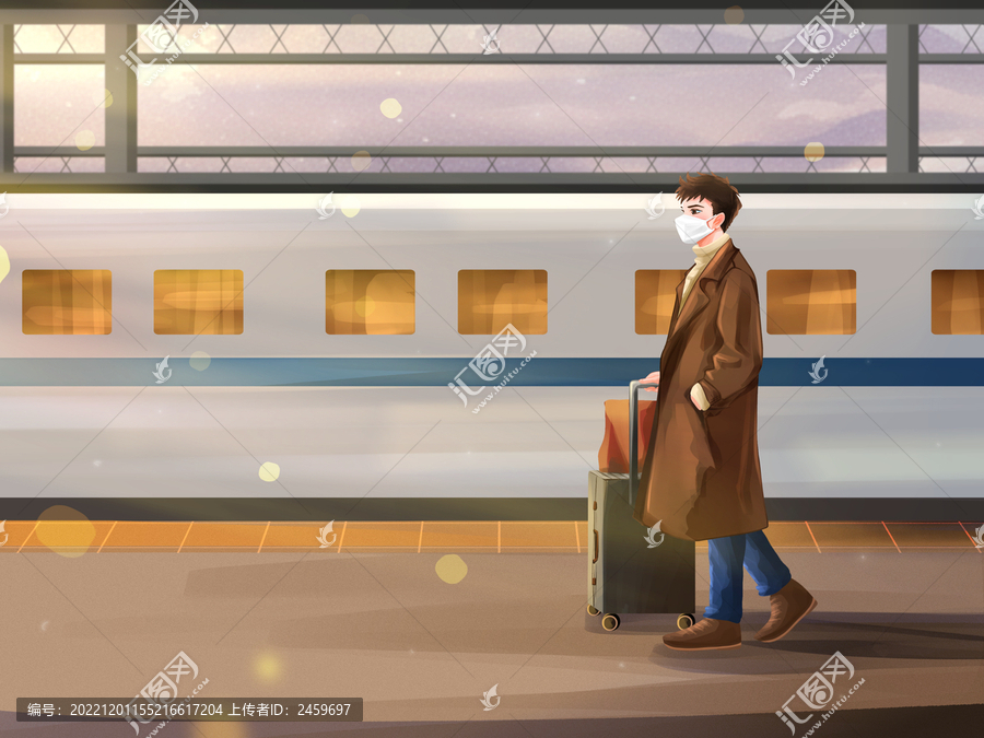 夕阳下推行李箱赶火车的人插画
