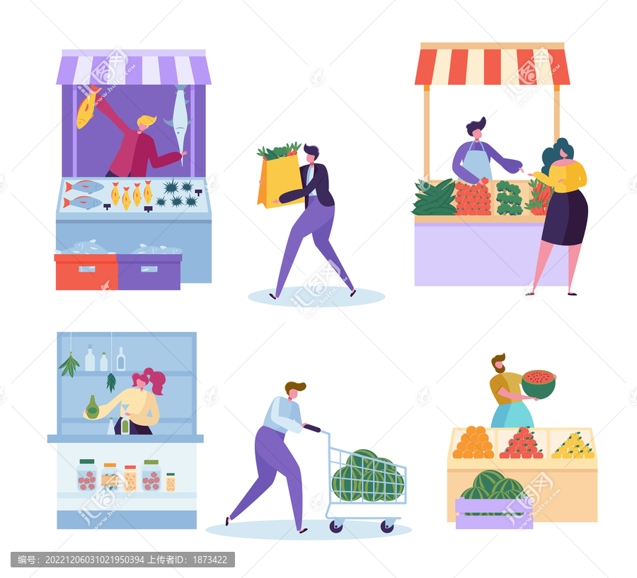 各种食物摊贩与顾客购买食品概念插画