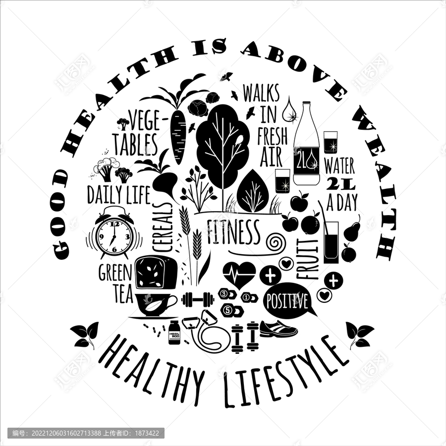圆形排列,健康饮食及运动黑白海报