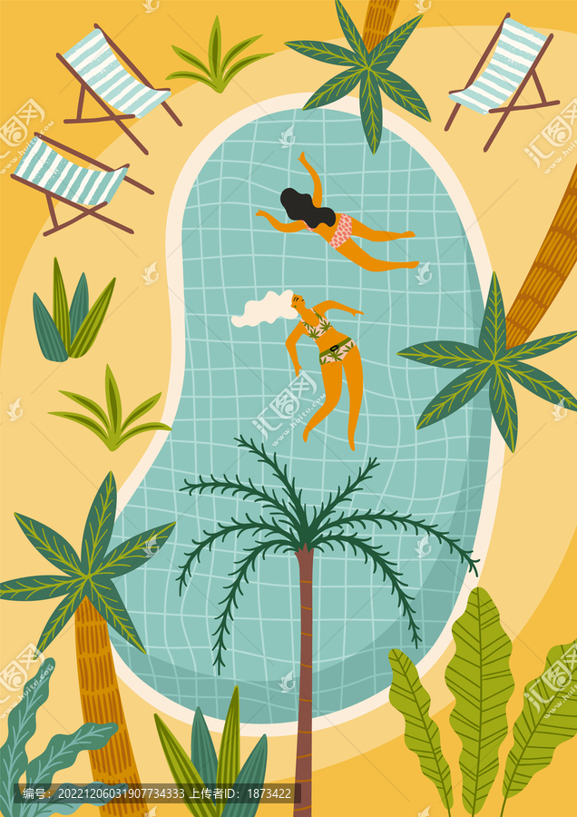 俯瞰在热带植物旁泳池里的女性游泳插图