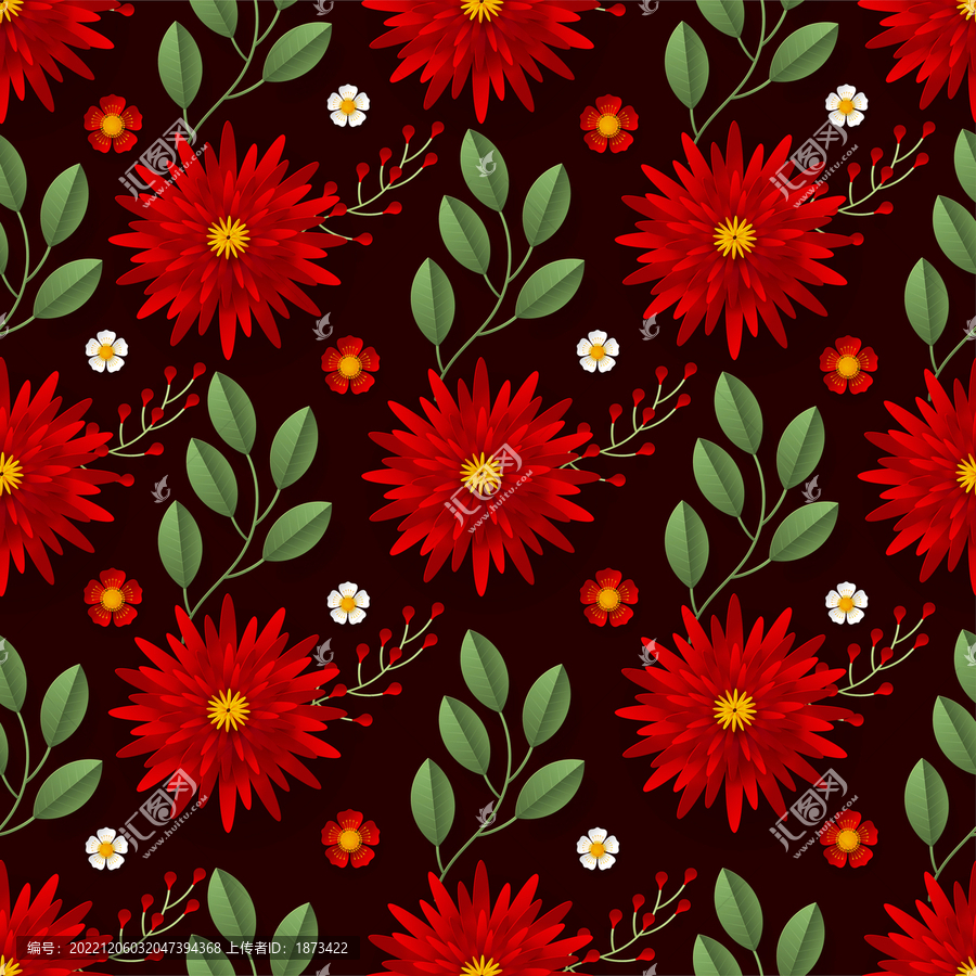 红色纸艺花卉整齐排列四方连续纹样
