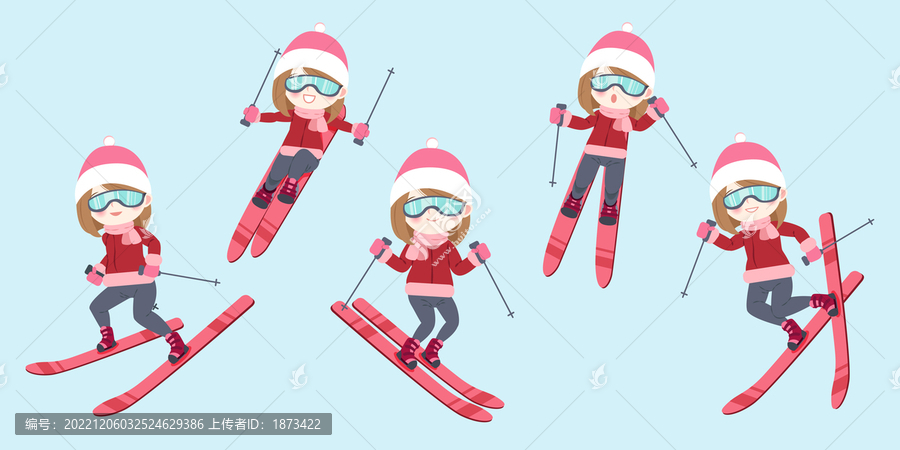 女性双板滑雪姿势插图素材