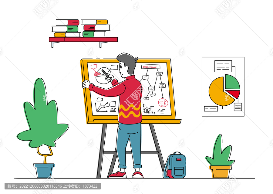 手绘风男人站在白板前绘制商业策略插图