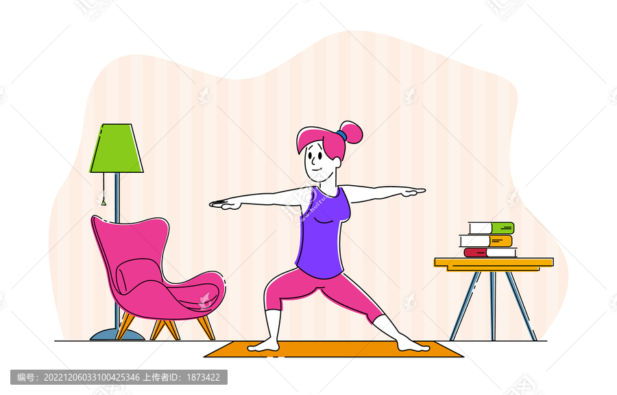 手绘风女人在室内做平衡瑜伽插图