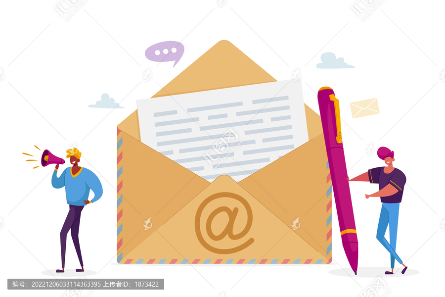 手扶大笔站在巨大信封旁,发送电子邮件插图