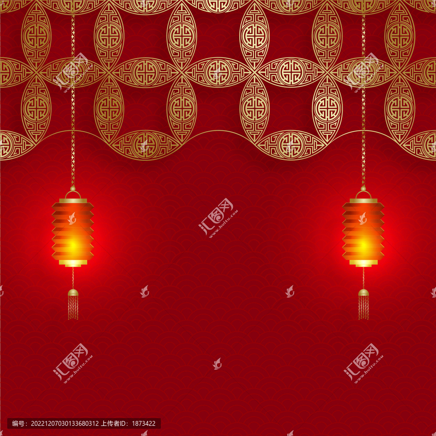 中国风金色窗花,悬挂发光灯笼背景