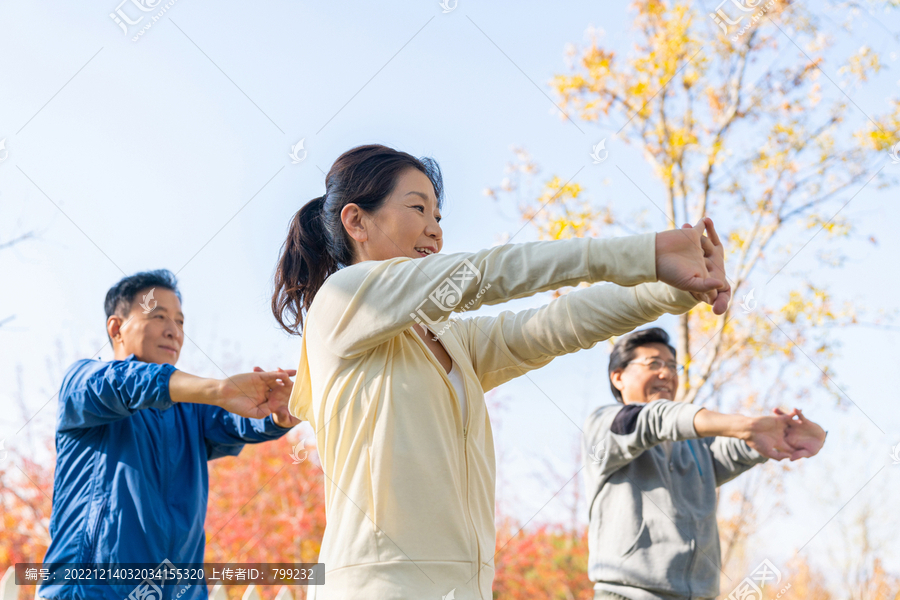 一群中老年人伸展健身