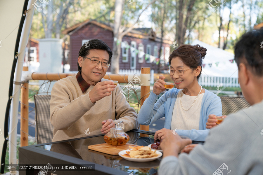 中老年人在露营地喝茶聊天