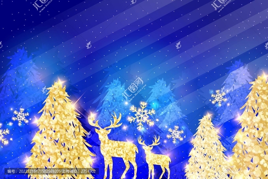 金色圣诞树宝蓝色绚丽装饰画
