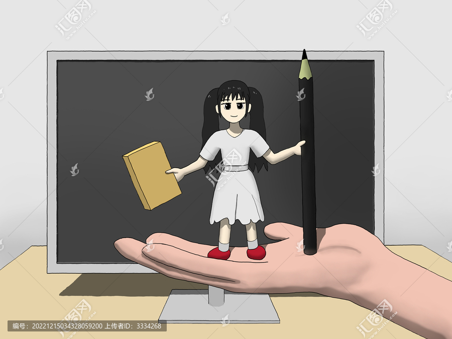 动漫卡通小女孩站在手掌上插画
